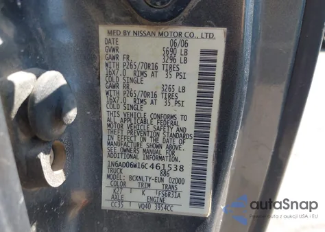 2006 Nissan Frontier Se из США, поврежденный, VIN 1N6AD06W16C461538